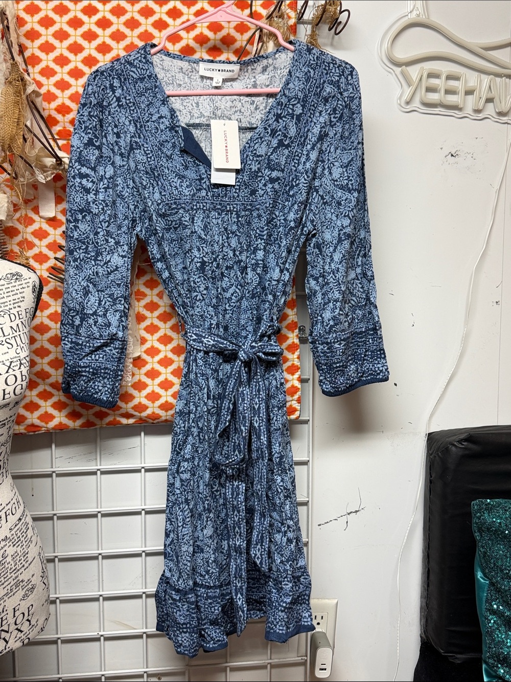 Lucky Brand Blue Paisley Tie-Waist Midi Dress